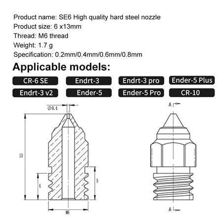 Creality  Cr-6 SE-Max-Ender 3 S1 Uyumlu Sertleştirilmiş Çelik Nozzle(0.4mm)